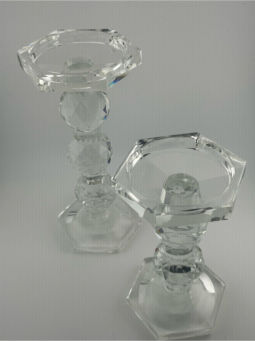 Modern Faceted Gemstone Cut Crystal Candlesticks - Set of 2